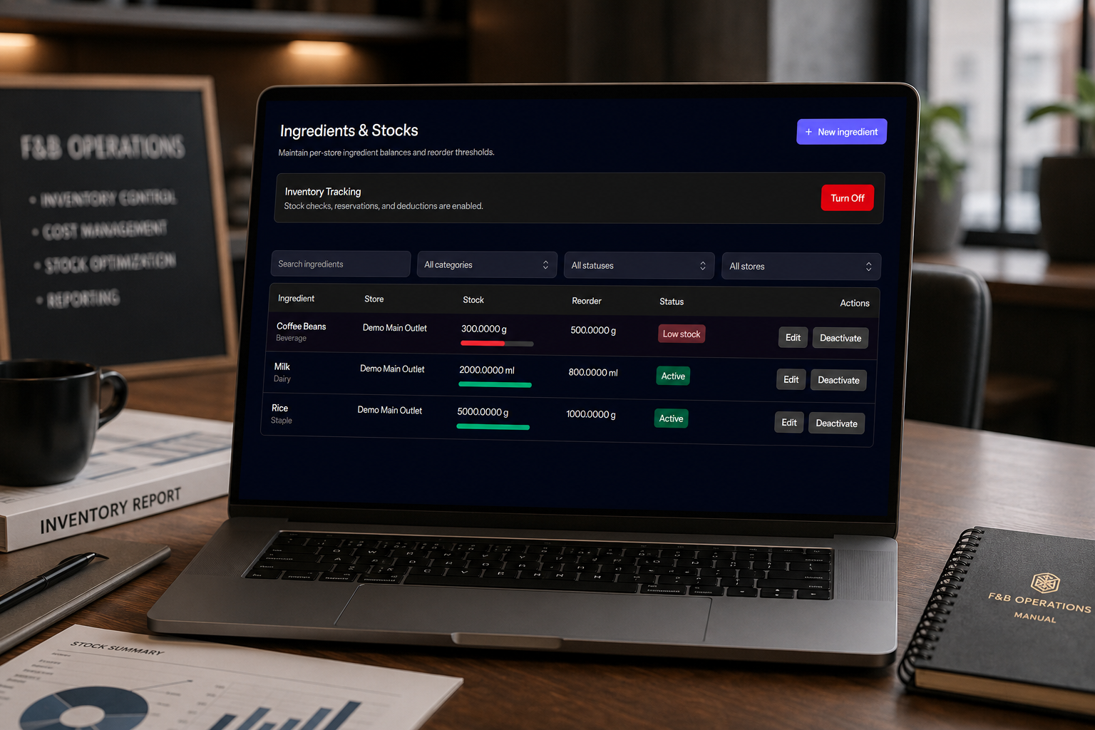 AgreeMeet inventory and reports screen showing operational stock insight