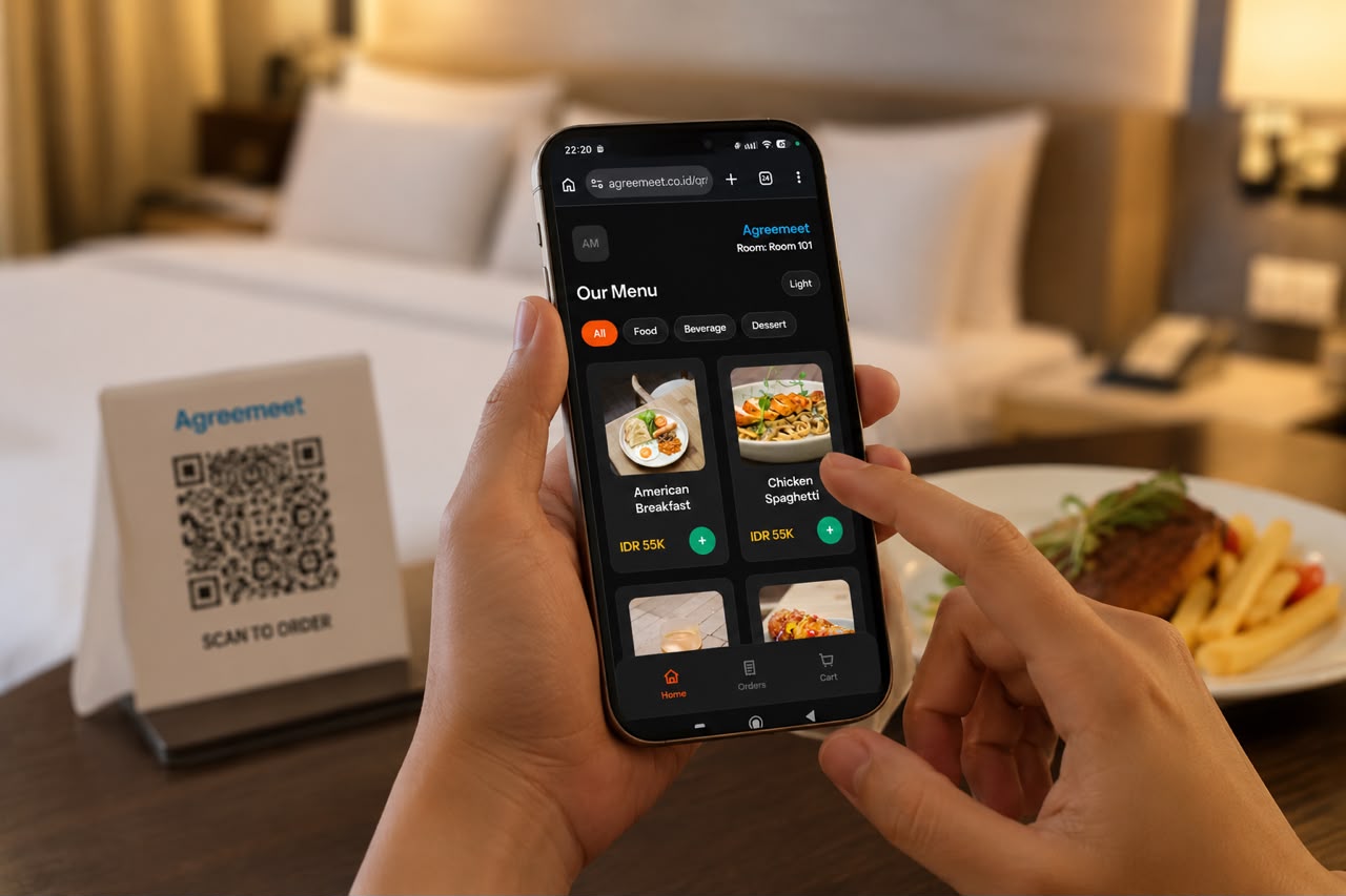 AgreeMeet guest ordering screen showing the branded room menu experience