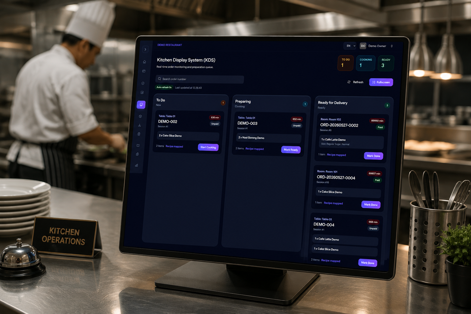 AgreeMeet Kitchen Display System showing production workflow columns